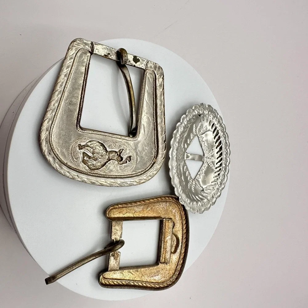 Vintage 80s 90s Western Floral Engraved Slotted Concho Belt Buckles Set Y2K Boho